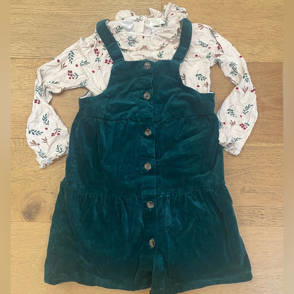 Chelsea & Violet Green Corduroy Button-Down Dress with Floral Top Girls 6 VGUC